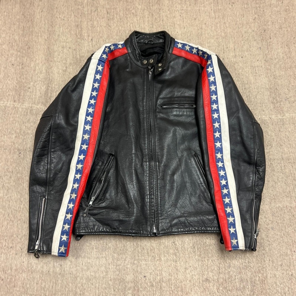 Vintage Cafe Racer Leather Jacket Mens Large Black 1990s Stars USA